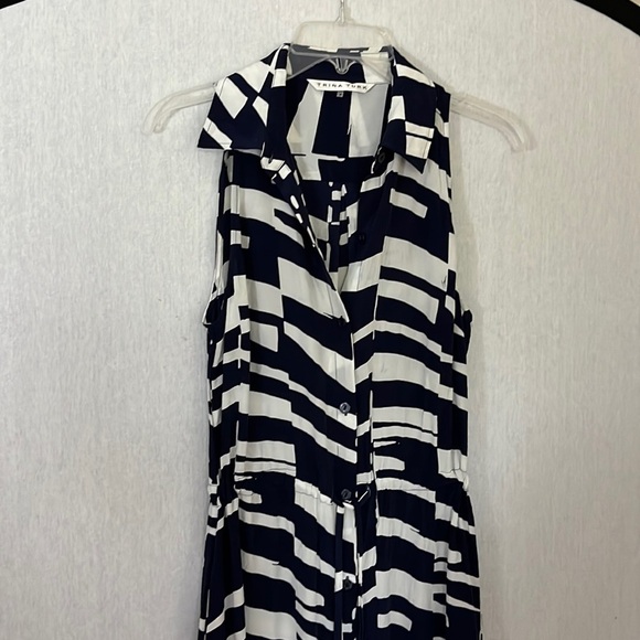 Trina Turk 100% silk indigo white geometric print button down maxi shirt dress - Picture 2 of 11